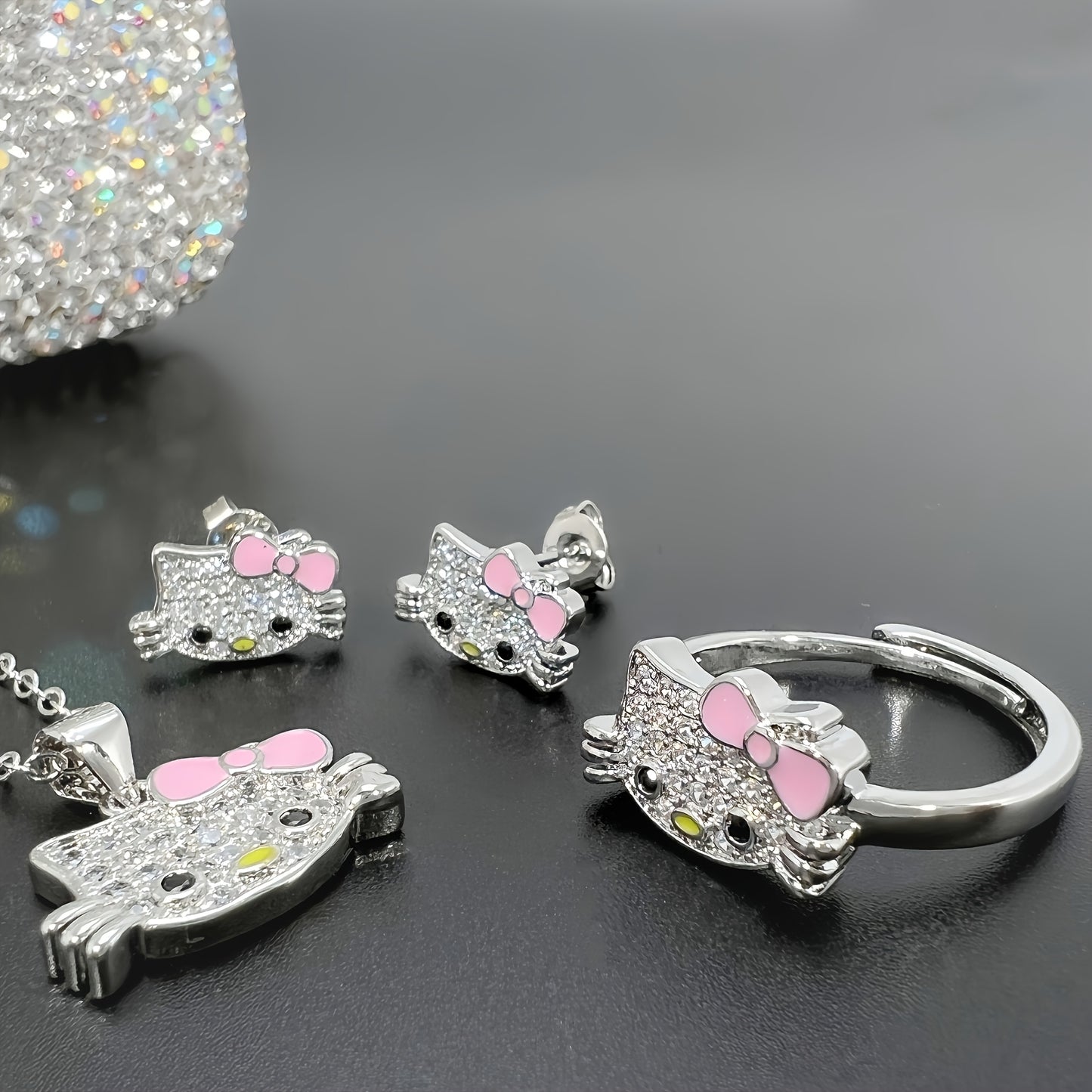 🎀 3pcs Hello Kitty Jewelry Set 💖 | Cute Necklace, Earrings & Ring – Perfect Gift for 🎁 New Year, Valentine’s & Birthdays!