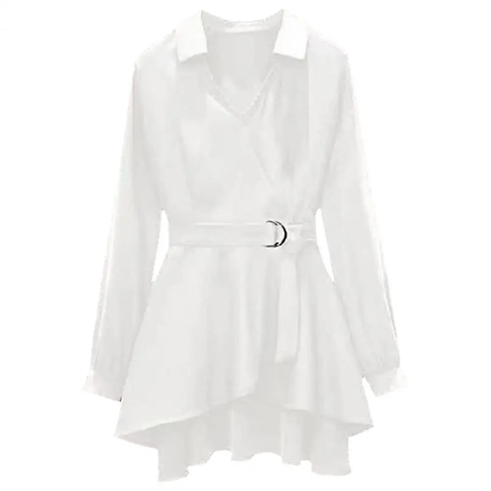Plus Size Women's V-Neck Belted Shirt (M-4XL) – Stylish Lapel, Long Sleeves & Irregular Hem 🌸👗 Adjustable Fit for All!