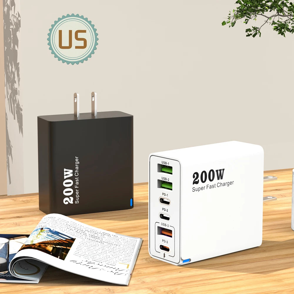 200W 6 Port USB C Charger Super Fast Charging PD3.0 USB C Type C Mobile Phone Charger For iPhone 16 SE4 Samsung Xiaomi ipad