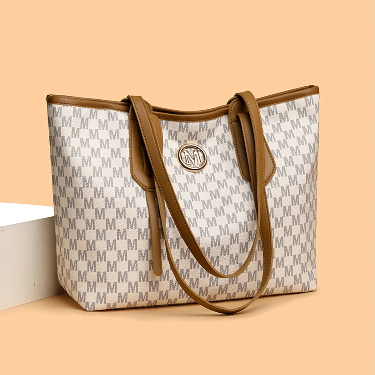 👜✨ Vintage Monogram Tote Bag | PU Leather Shoulder Bag with M-Ring Accent, Zipper Closure & Large Capacity – Perfect for Daily Commute
