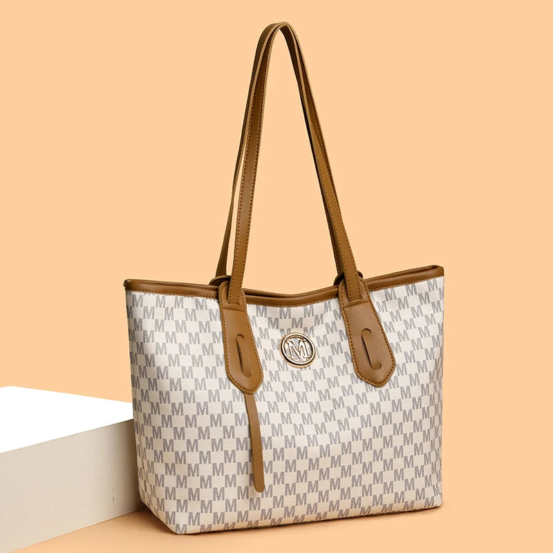 👜✨ Vintage Monogram Tote Bag | PU Leather Shoulder Bag with M-Ring Accent, Zipper Closure & Large Capacity – Perfect for Daily Commute