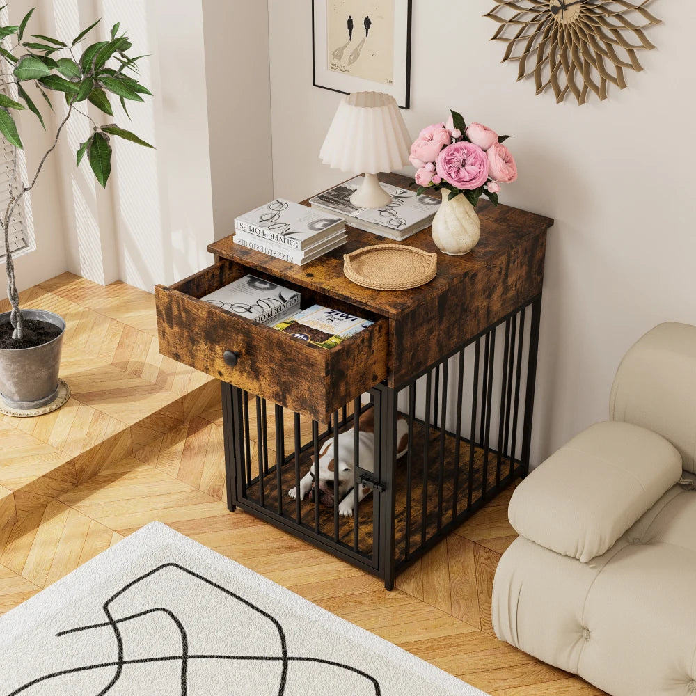 "๐ ๐ถ Stylish Dog Crate Furniture โ Cozy Kennel + Drawer & Table in One! ๐พ๐๏ธโจ"