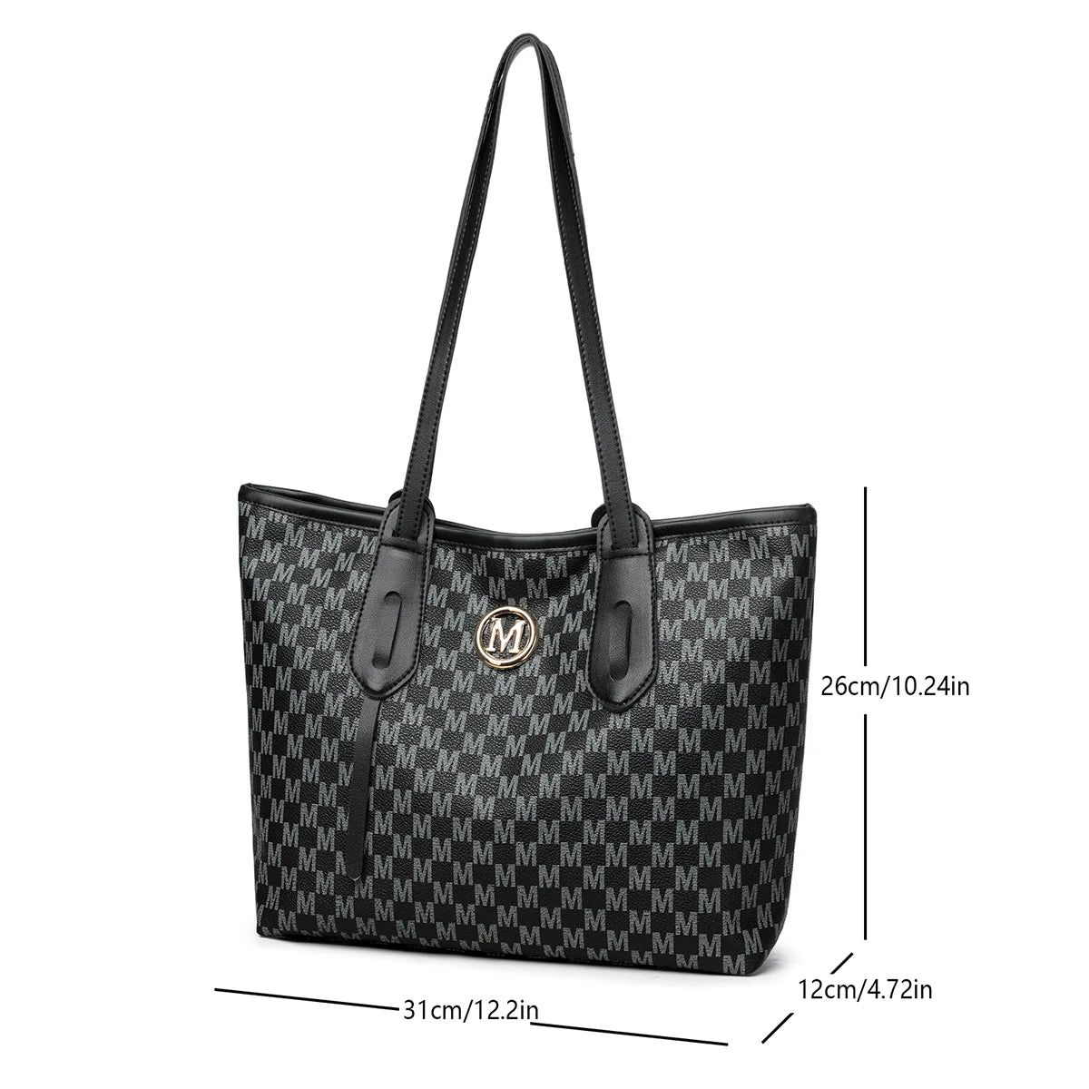 👜✨ Vintage Monogram Tote Bag | PU Leather Shoulder Bag with M-Ring Accent, Zipper Closure & Large Capacity – Perfect for Daily Commute