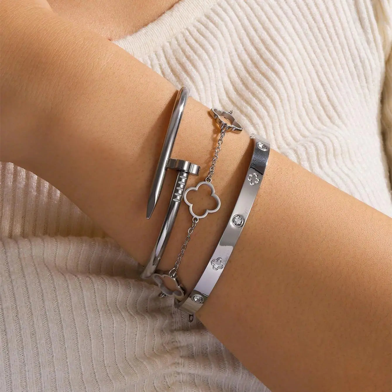 ๐ 3-Piece Lucky Clover Bracelet Set - Stainless Steel Charm Bracelets! ๐