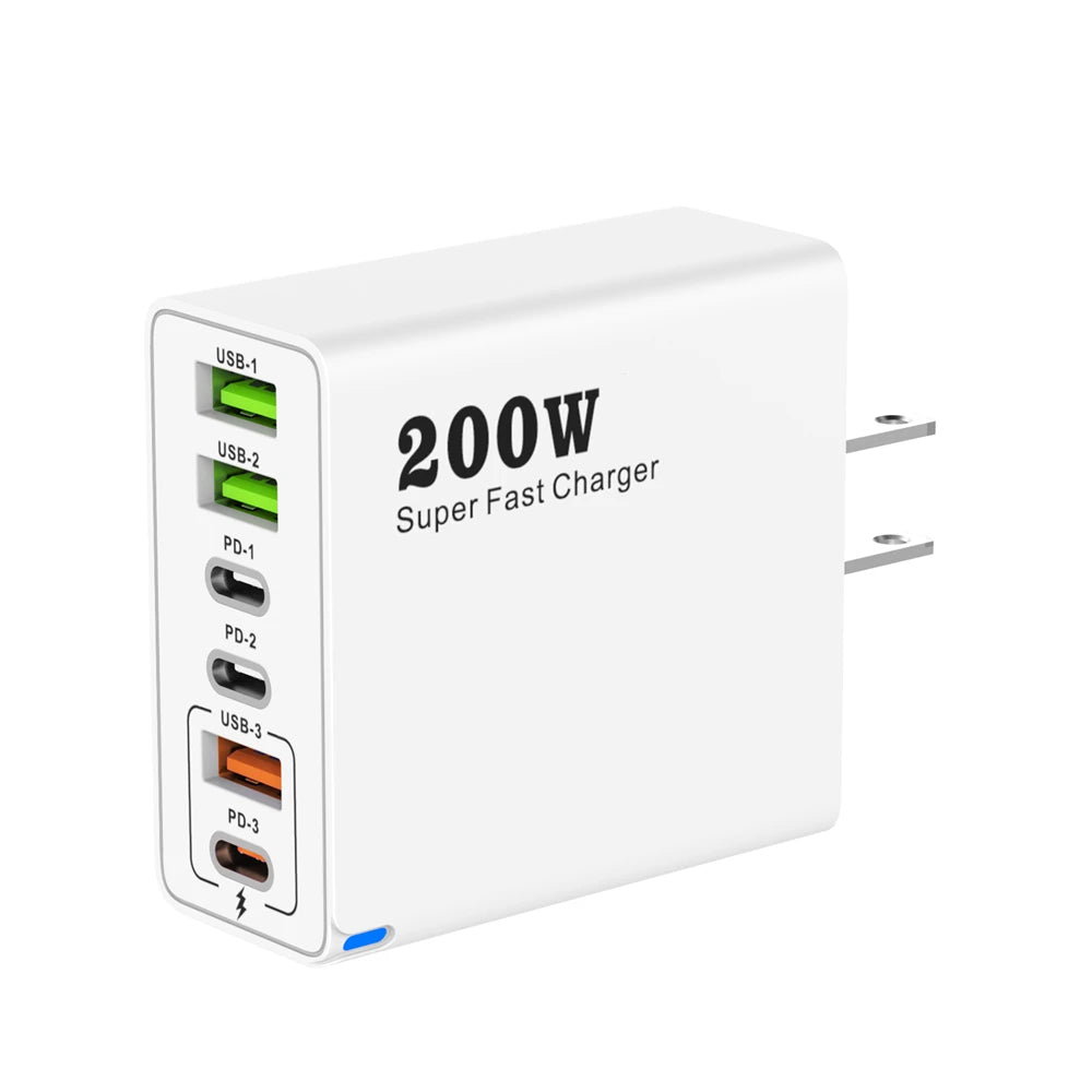 200W 6 Port USB C Charger Super Fast Charging PD3.0 USB C Type C Mobile Phone Charger For iPhone 16 SE4 Samsung Xiaomi ipad
