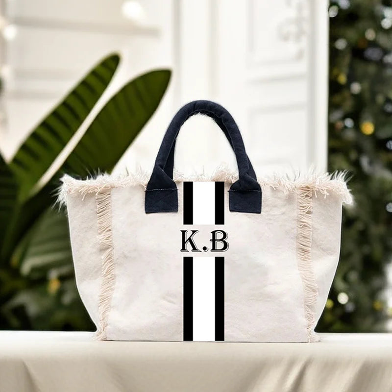 👜🌞 Summer American-Style Stripe Tote | Women’s Canvas Handbag with Tassel – Customizable Letters, Perfect for Beach & Wedding Gift