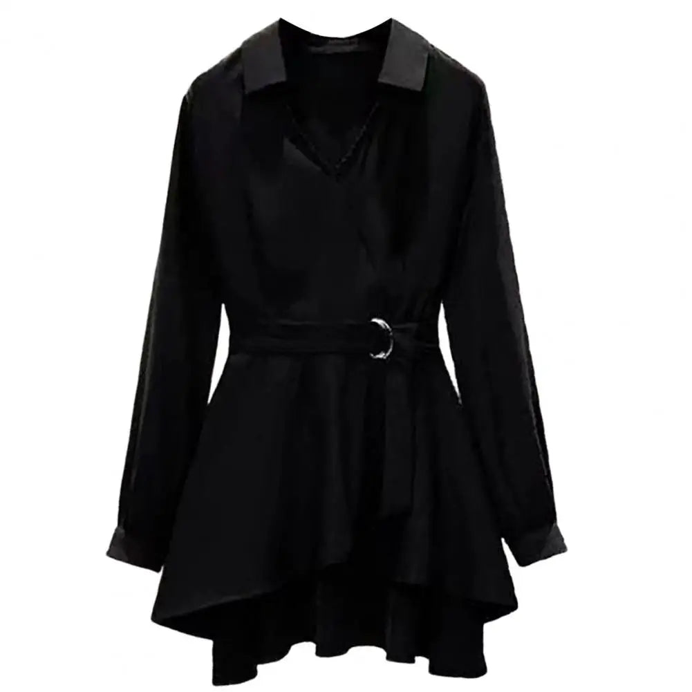 Plus Size Women's V-Neck Belted Shirt (M-4XL) – Stylish Lapel, Long Sleeves & Irregular Hem 🌸👗 Adjustable Fit for All!