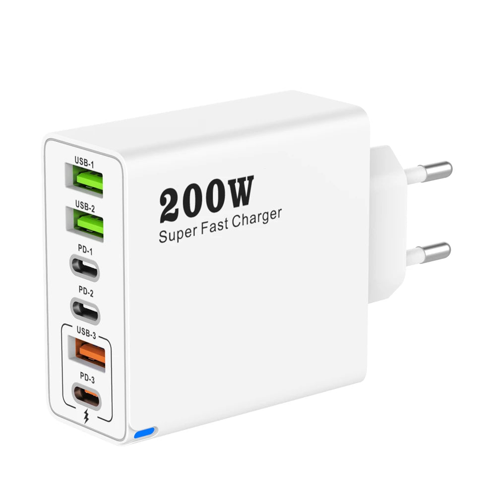 200W 6 Port USB C Charger Super Fast Charging PD3.0 USB C Type C Mobile Phone Charger For iPhone 16 SE4 Samsung Xiaomi ipad
