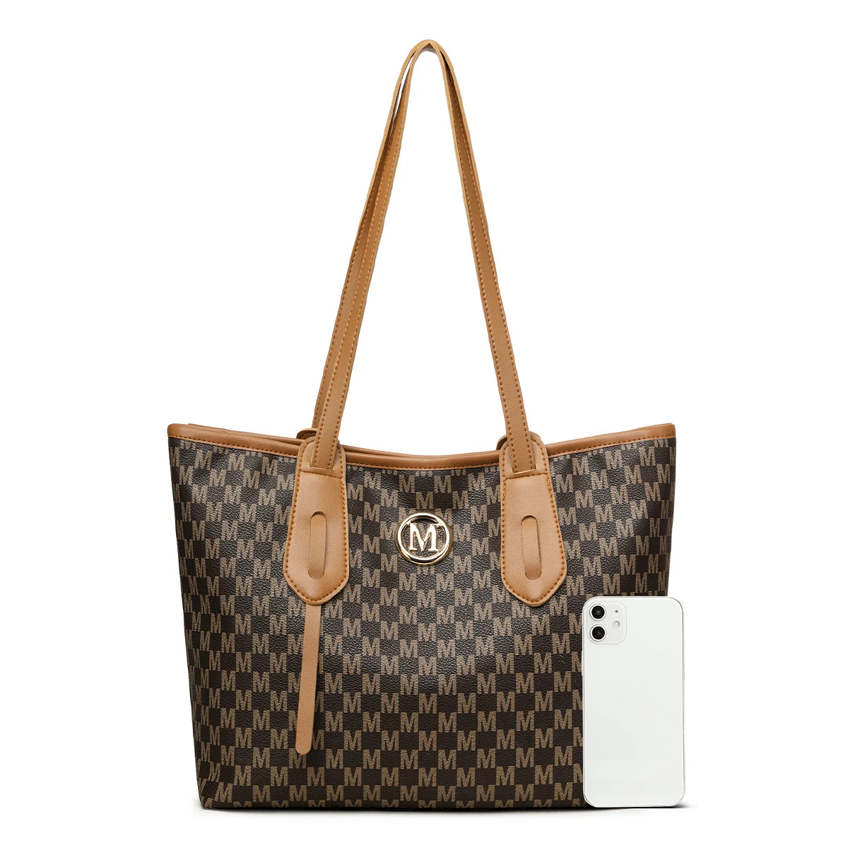 👜✨ Vintage Monogram Tote Bag | PU Leather Shoulder Bag with M-Ring Accent, Zipper Closure & Large Capacity – Perfect for Daily Commute