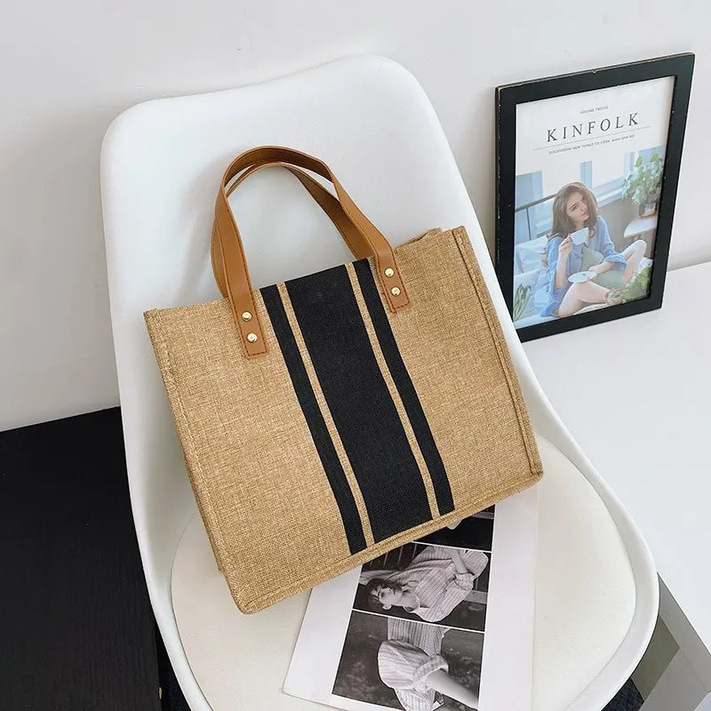 👜🌿 Simple Canvas Stripe Bucket Bag | Women’s Top Handle Tote – Large Capacity Casual Shoulder & Crossbody Bag