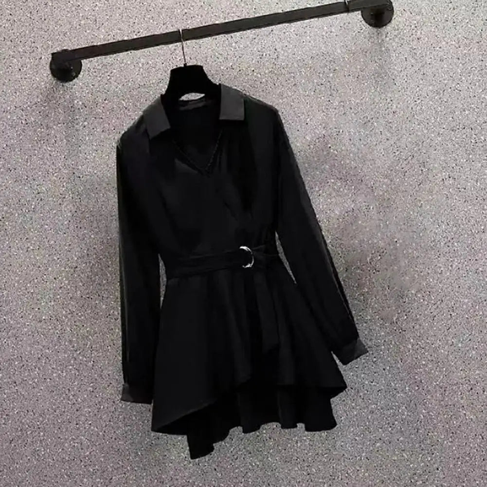 Plus Size Women's V-Neck Belted Shirt (M-4XL) – Stylish Lapel, Long Sleeves & Irregular Hem 🌸👗 Adjustable Fit for All!