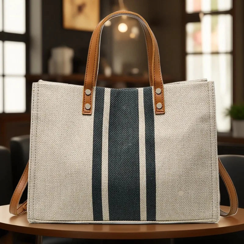 👜🌿 Simple Canvas Stripe Bucket Bag | Women’s Top Handle Tote – Large Capacity Casual Shoulder & Crossbody Bag