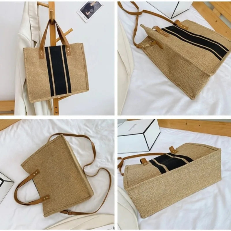 👜🌿 Simple Canvas Stripe Bucket Bag | Women’s Top Handle Tote – Large Capacity Casual Shoulder & Crossbody Bag