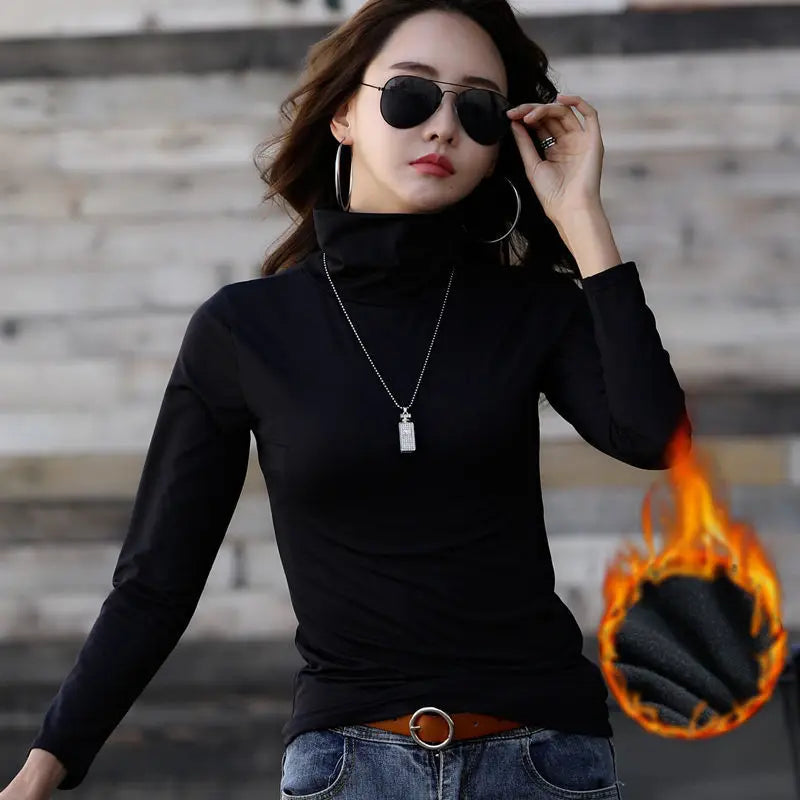 Warm & Chic! Women's High Neck Winter Tee – Soft Plush, Long Sleeves & Elegant Fit ❄️💃