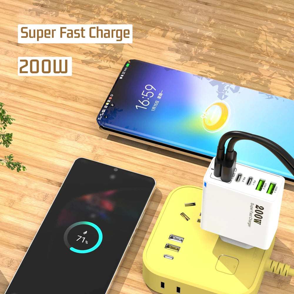 200W 6 Port USB C Charger Super Fast Charging PD3.0 USB C Type C Mobile Phone Charger For iPhone 16 SE4 Samsung Xiaomi ipad