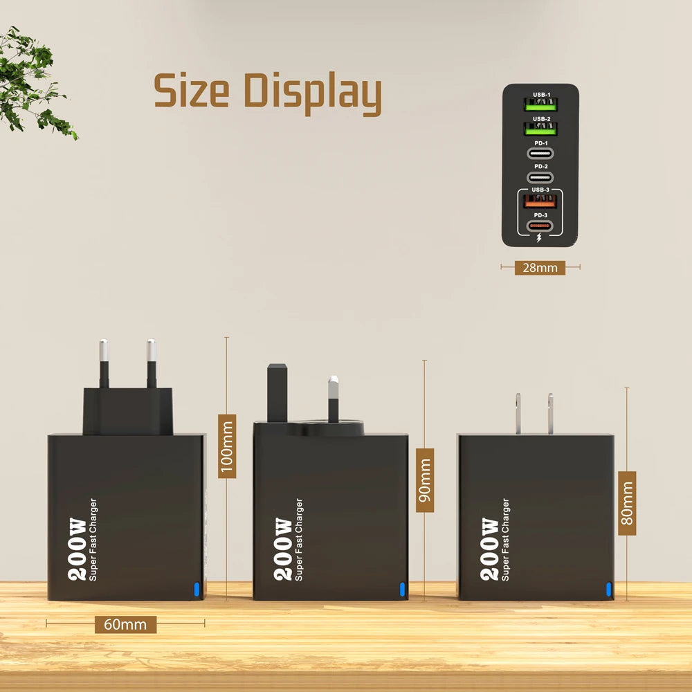 200W 6 Port USB C Charger Super Fast Charging PD3.0 USB C Type C Mobile Phone Charger For iPhone 16 SE4 Samsung Xiaomi ipad