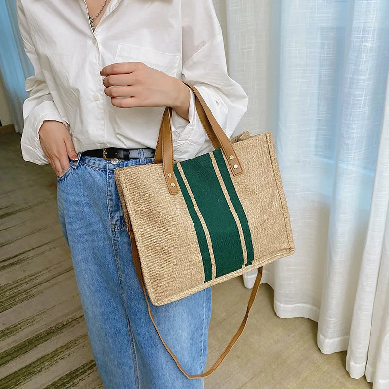 👜🌿 Simple Canvas Stripe Bucket Bag | Women’s Top Handle Tote – Large Capacity Casual Shoulder & Crossbody Bag