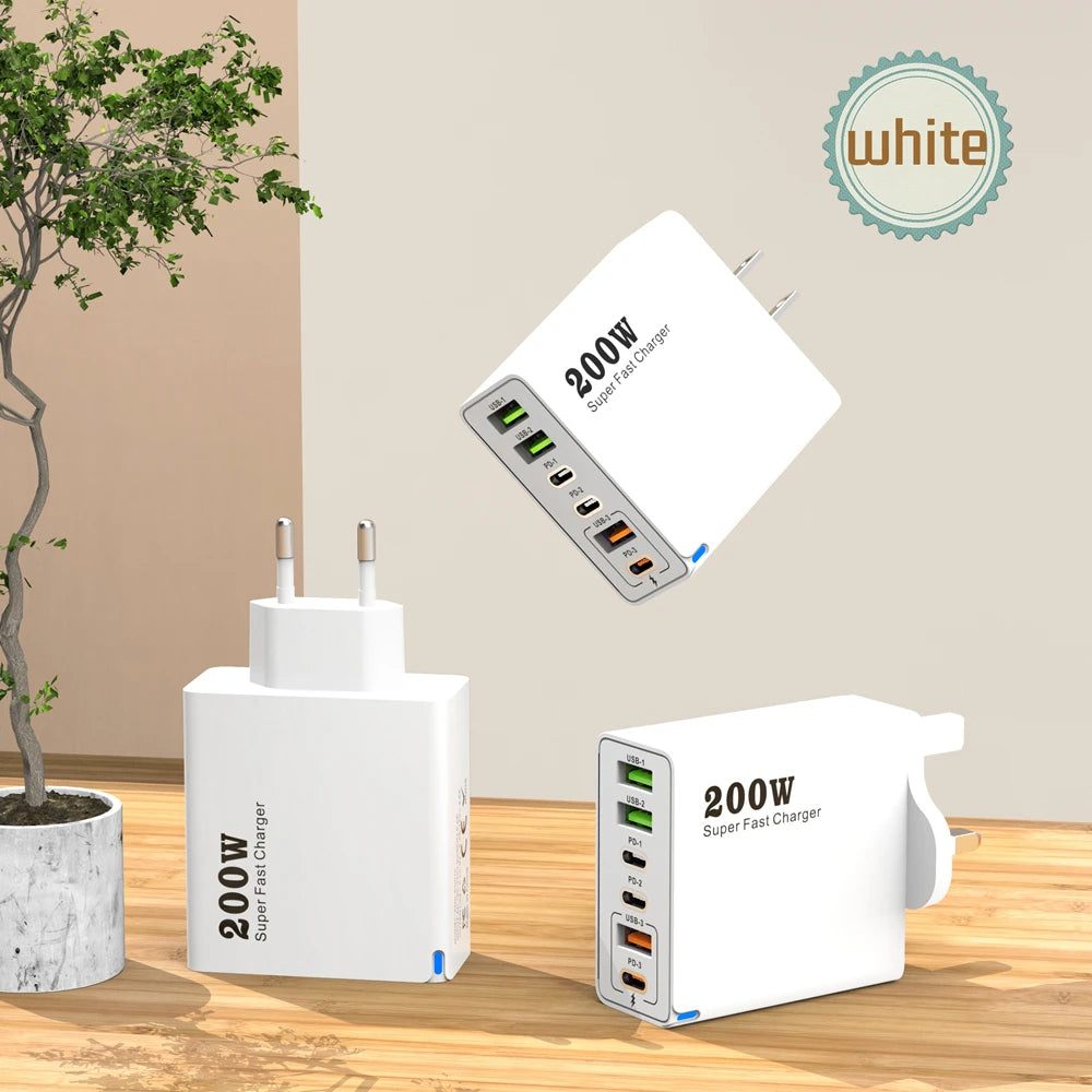 200W 6 Port USB C Charger Super Fast Charging PD3.0 USB C Type C Mobile Phone Charger For iPhone 16 SE4 Samsung Xiaomi ipad