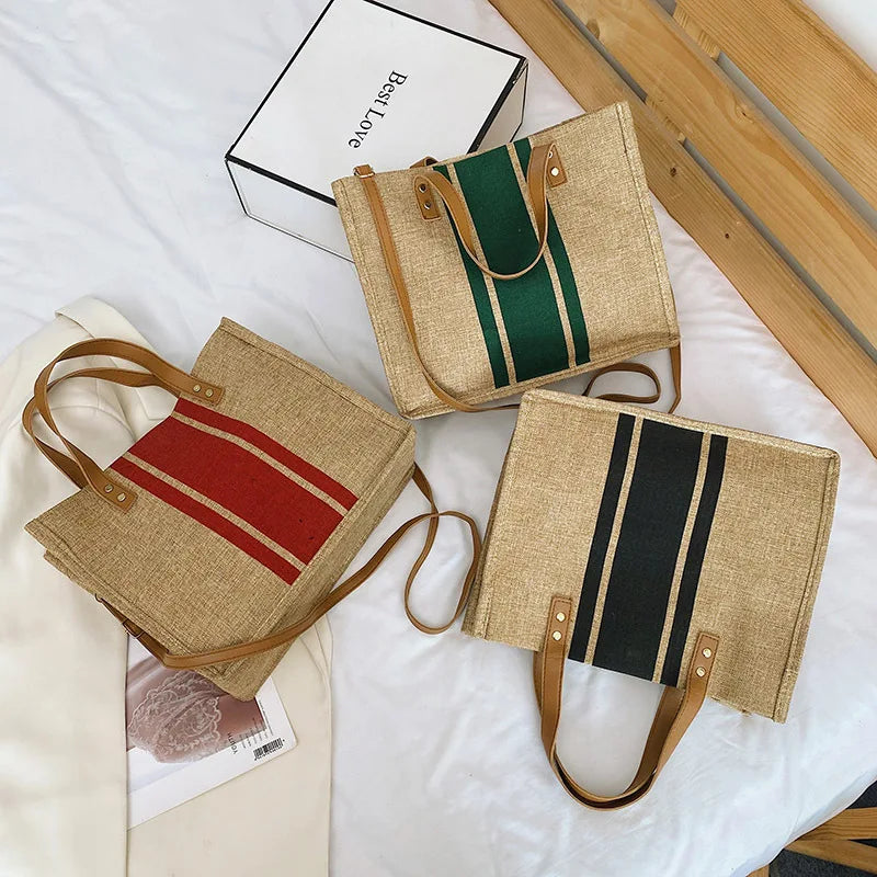 👜🌿 Simple Canvas Stripe Bucket Bag | Women’s Top Handle Tote – Large Capacity Casual Shoulder & Crossbody Bag