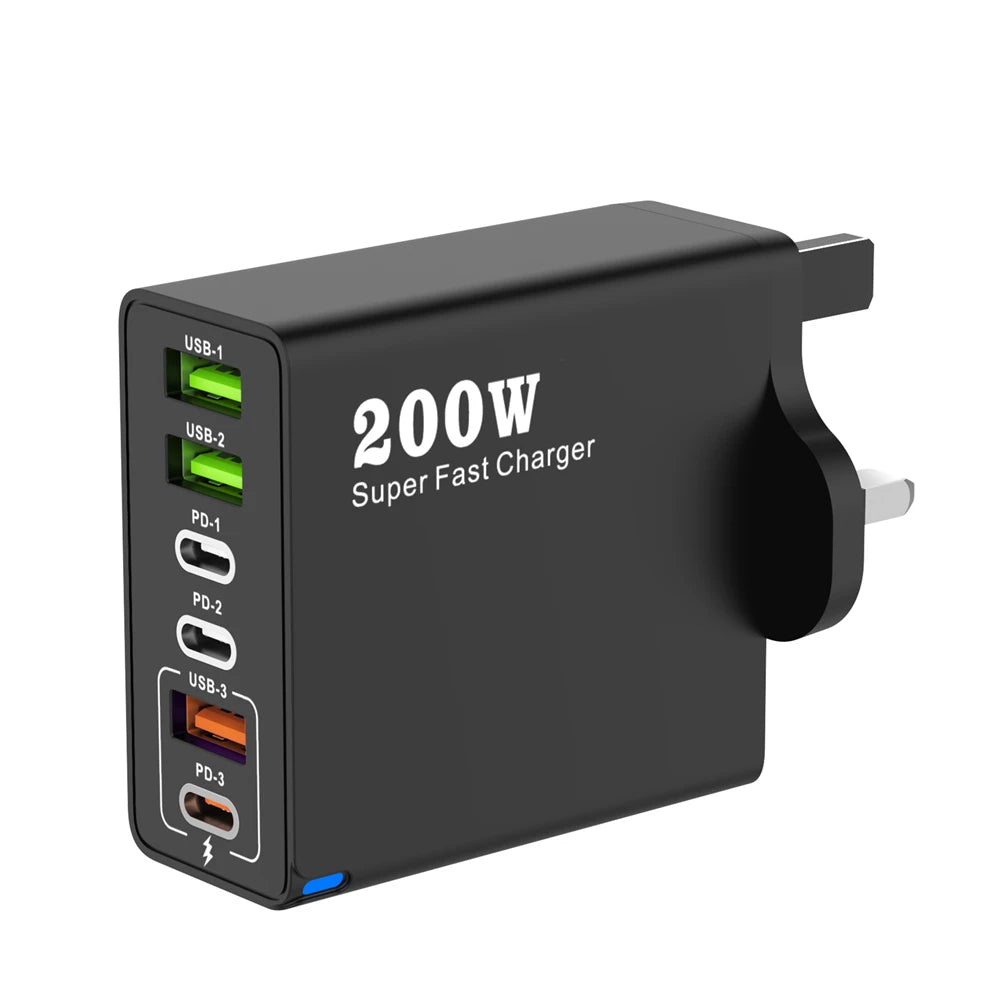 200W 6 Port USB C Charger Super Fast Charging PD3.0 USB C Type C Mobile Phone Charger For iPhone 16 SE4 Samsung Xiaomi ipad