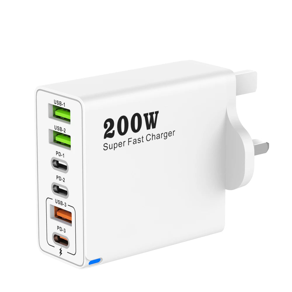 200W 6 Port USB C Charger Super Fast Charging PD3.0 USB C Type C Mobile Phone Charger For iPhone 16 SE4 Samsung Xiaomi ipad
