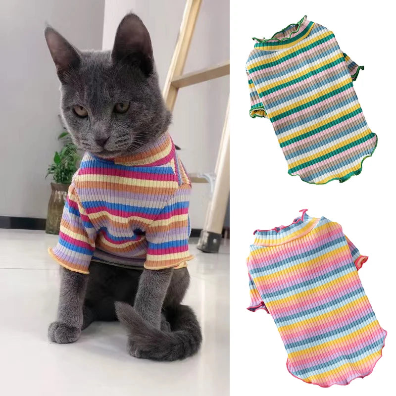 πΎ Colorful Stripe Sphynx Cat Vest Shirt β π± Soft Cotton Pet Clothes for Small Cats, Kittens & Dogs πΆπ½
