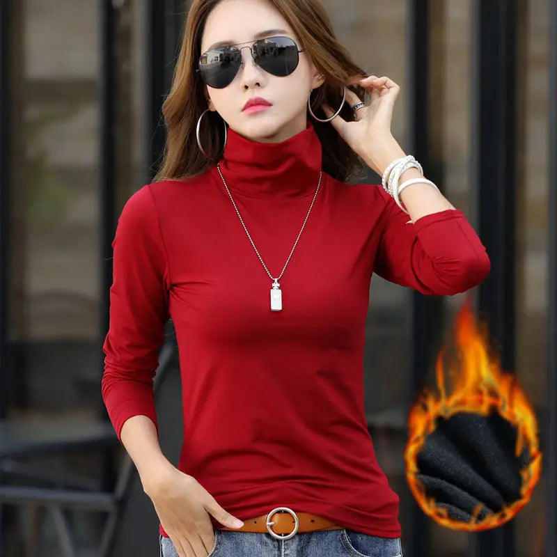 Warm & Chic! Women's High Neck Winter Tee – Soft Plush, Long Sleeves & Elegant Fit ❄️💃