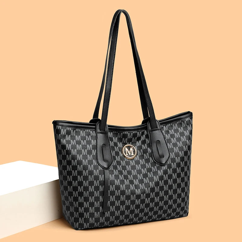 👜✨ Vintage Monogram Tote Bag | PU Leather Shoulder Bag with M-Ring Accent, Zipper Closure & Large Capacity – Perfect for Daily Commute
