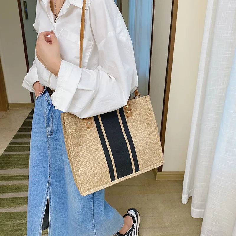 👜🌿 Simple Canvas Stripe Bucket Bag | Women’s Top Handle Tote – Large Capacity Casual Shoulder & Crossbody Bag