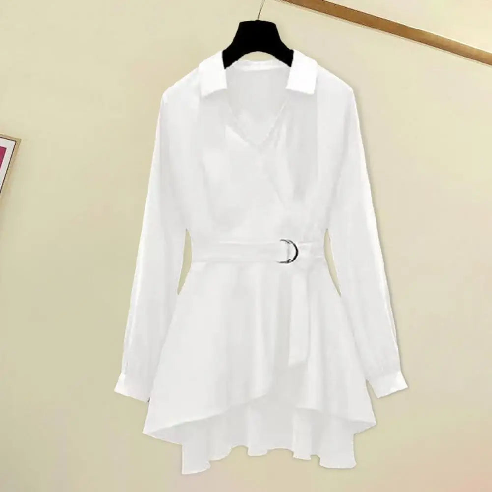 Plus Size Women's V-Neck Belted Shirt (M-4XL) – Stylish Lapel, Long Sleeves & Irregular Hem 🌸👗 Adjustable Fit for All!