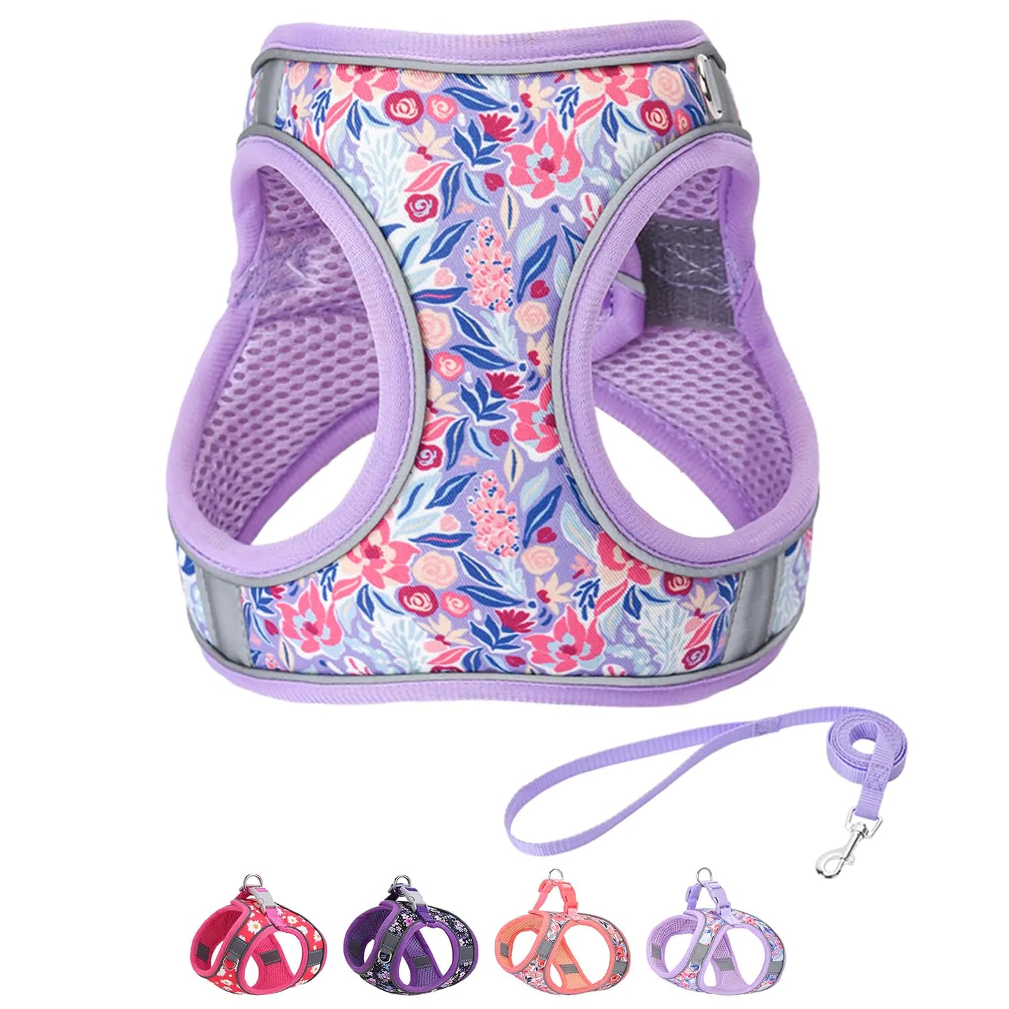 Step in Dog Harness and Leash Set Flower Adjustable Easy Walk Puppy Harnesses Soft Mesh Pet Vest Harness Small Size Dog Adjustable No Pull Dog Harness for Small Medium Dogs(Light Purple S)