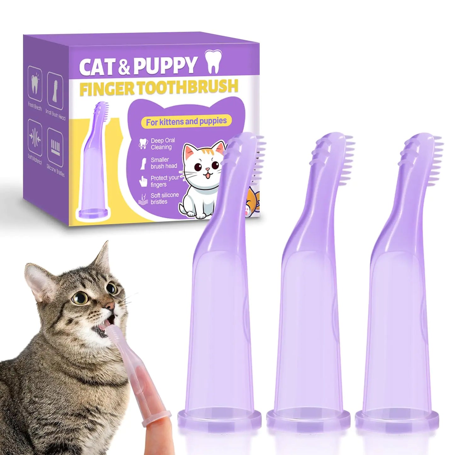 Cats & Puppies Finger Toothbrush-Extended design fits fingers up to 0.82” wideR designed for kittens and puppies Finger Toothbrush for Dogs comes with self-adhesive naming and dental health card