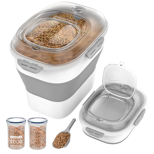 DDMOMMY 32-35 Lbs Dog Food Storage ContainerCollapsible Dog Food Container with Transparent Airtight LidWheelsDate TrackPet Food Storage Container for RiceFlourSugarScoop And 2PCS Containers