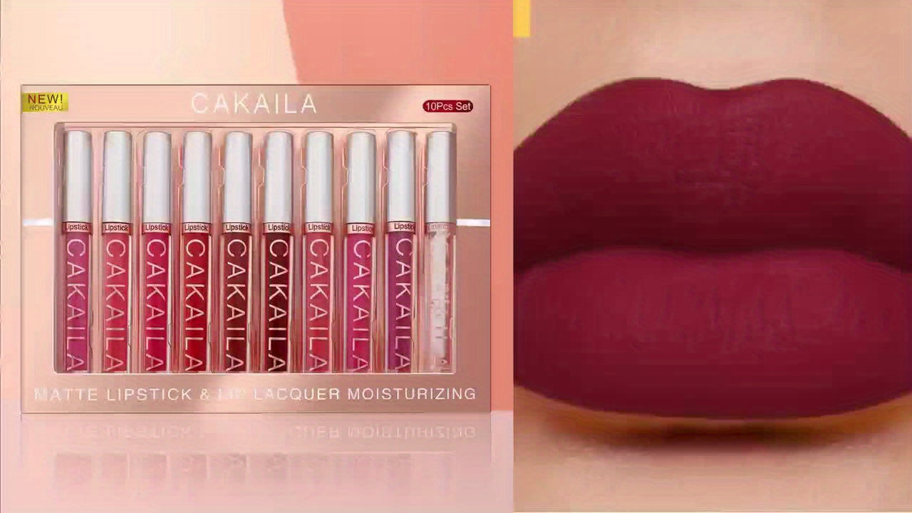 💋 CAKAILA 10-Piece Matte Liquid Lipstick Set | Long-Lasting, Waterproof, Non-Stick, Velvet Finish – Red Shades for All Skin Types