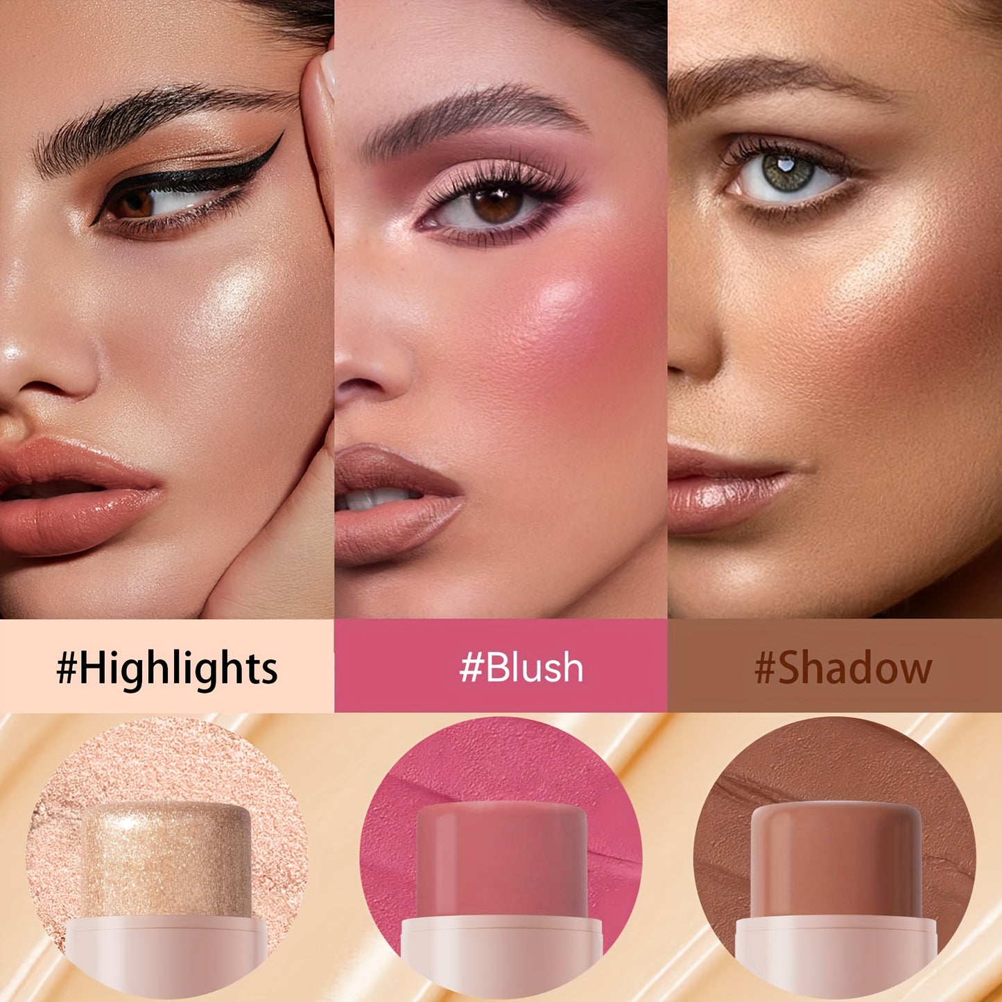 ✨ 3-Piece Cream Contour Kit – Contour, Blush & Highlighter Sticks + Brush | Waterproof & Long-Lasting