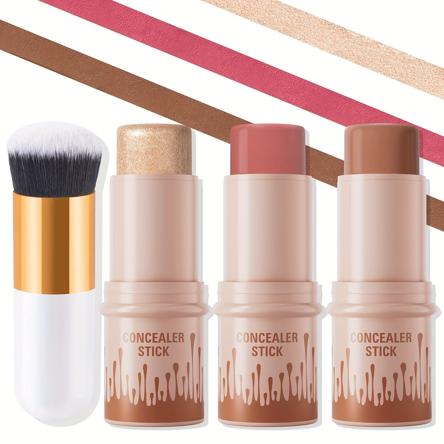 ✨ 3-Piece Cream Contour Kit – Contour, Blush & Highlighter Sticks + Brush | Waterproof & Long-Lasting