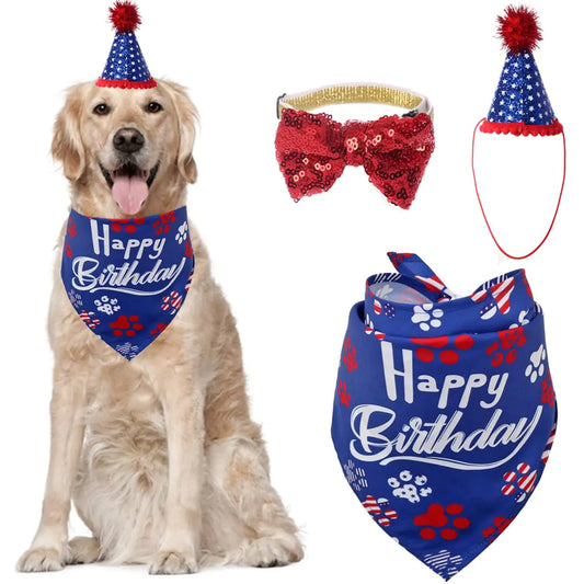 Dog Birthday Bandana with Party Hat Bow Pet Birthday Set Triangle Scarf Supplies Blue for Boy Puppy