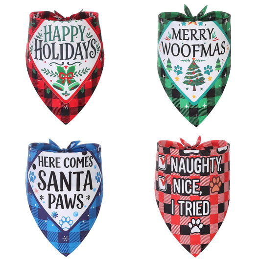MIANOOMAG Dog Christmas Bandanas Large 4 Pack Classic Triangle Merry Christmas Printing Plaid Fall Pet Scarf Bibs Gifts Set 4 Different Christmas Text Prints Bandanas for Large Puppy Dog