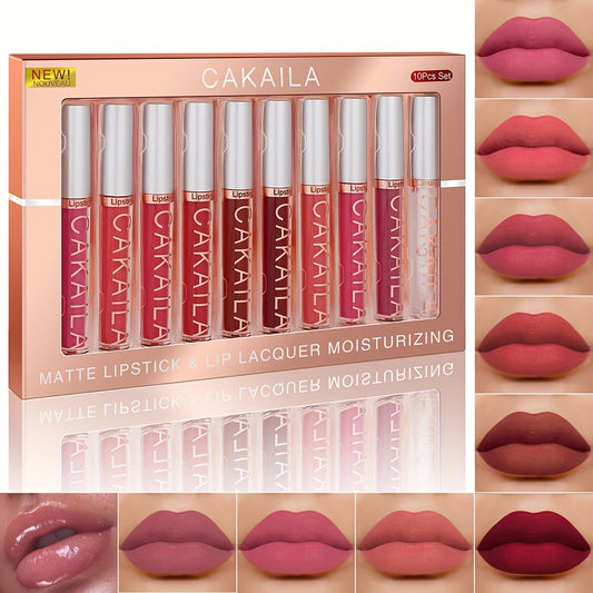 💋 CAKAILA 10-Piece Matte Liquid Lipstick Set | Long-Lasting, Waterproof, Non-Stick, Velvet Finish – Red Shades for All Skin Types