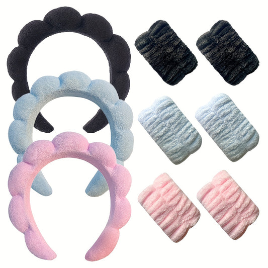 3pcs Sweet Cloud Sponge Hair Hoop Plush Absorbent Wrist Strap Towel Cloth Suitable for Women's Skincare and Face Wash Hydrotherapy Headband