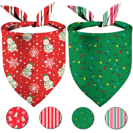 Christmas Dog Bandanas Snowman and Lamp String Merry Christmas Dogs Scarf Reversible 2 Pack Holiday New Year Puppy Dog Kerchief Pet Gifts (Christmas-02)