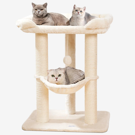 Happi N Pets 28" Large Cat Tree Tower for Indoor Cats Cat Scratch Post with Large Bed for Maine Coon Big Cats Sisal Cat Scratcher with Soft Perch & Hammock Stable Cat Stand Removable Cover-Beige