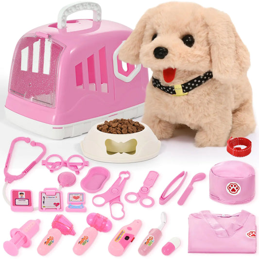 24Pcs Dog Toys for Kids Doctor Kit Walking Barking Electronic Interactive Stuffed Dog Vet Kit Costume Puppy Pet Care Veterinarian Set Doctor Play Gifts for Kids Girls 3 4 5 6+ Year Old(Pink