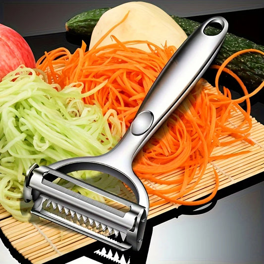 🍅🔪 قشارة خضروات وفواكه ستانلس ستيل برأسين – متعددة الاستخدامات لمنزل عملي ومطبخ مرتب! 🍎🥒
