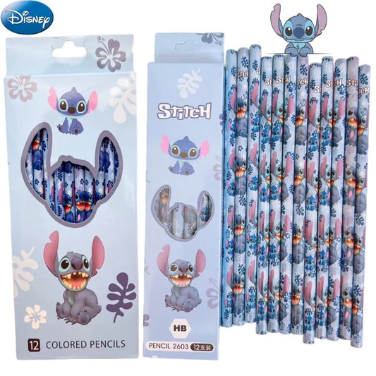 ✏️💙 Disney Stitch Pencil Case – 12 Vibrant Colored Pencils with Awesome Cartoon Design! 🐾🎒