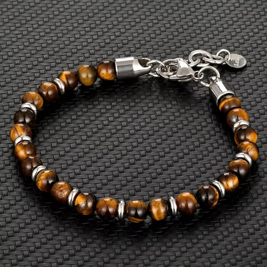 🔥 6mm Tiger Eye Bead Bracelet – Natural Stone Power + Stainless Steel Strength