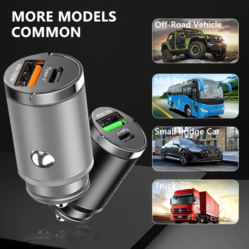 100W Mini Car Charger – Fast PD + QC3.0 USB Type-C Charging for iPhone, Xiaomi, Samsung, Huawei 🔋📱💨