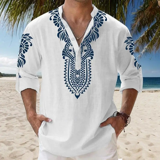 🌀 Men's 3D Ethnic Henley Shirt – Vintage Style for Autumn | Long Sleeve