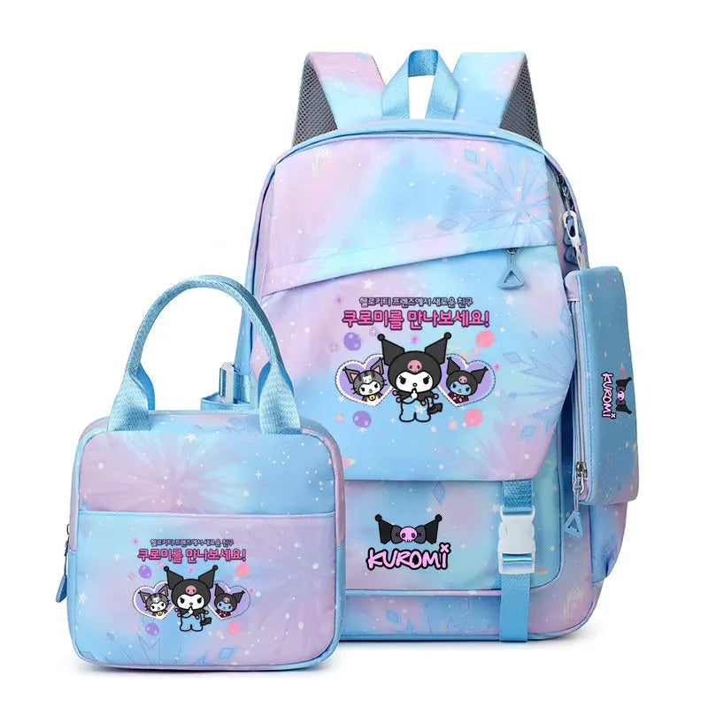 🎒🌈 Kuromi Colorful Bag Set – 3-Piece Complete for School & Everyday Use! 🎀🍱