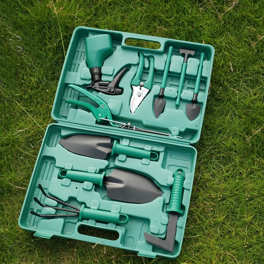 Garden tool set of 10 pieces with carrying case, garden shovel, sprayer, weeder, rake, tree branches, scissors